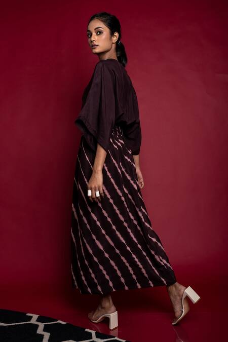 Shop_Nupur Kanoi_Brown Silk And Crepe Leheriya V Neck Top & Lungi Set_Online_at_Aza_Fashions