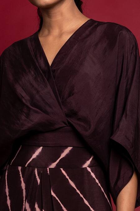 Nupur Kanoi_Brown Silk And Crepe Leheriya V Neck Top & Lungi Set_at_Aza_Fashions