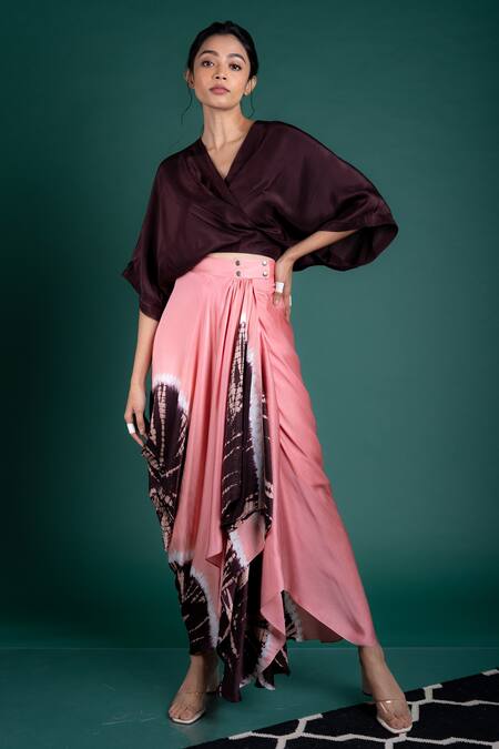 Nupur Kanoi_Pink Silk And Satin Leheriya V Neck Kaftan Top & Skirt Set_Online_at_Aza_Fashions
