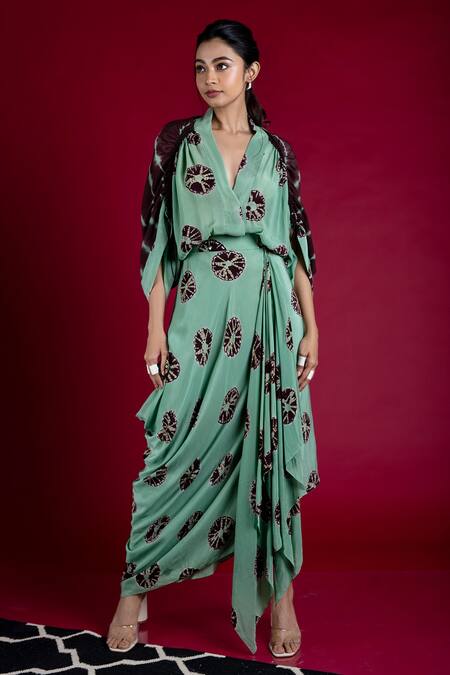 Nupur Kanoi_Green Crepe Leheriya And Shibori V Neck Print Draped Dress_Online_at_Aza_Fashions