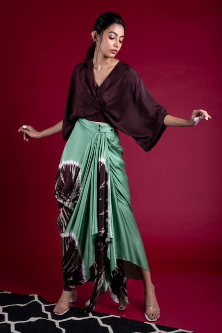 Buy_Nupur Kanoi_Green Silk And Satin Leheriya V Neck Kaftan Top & Skirt Set_Online_at_Aza_Fashions