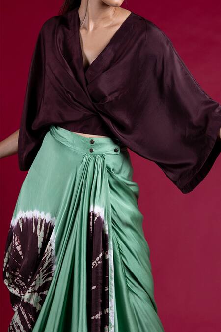 Shop_Nupur Kanoi_Green Silk And Satin Leheriya V Neck Kaftan Top & Skirt Set_Online_at_Aza_Fashions