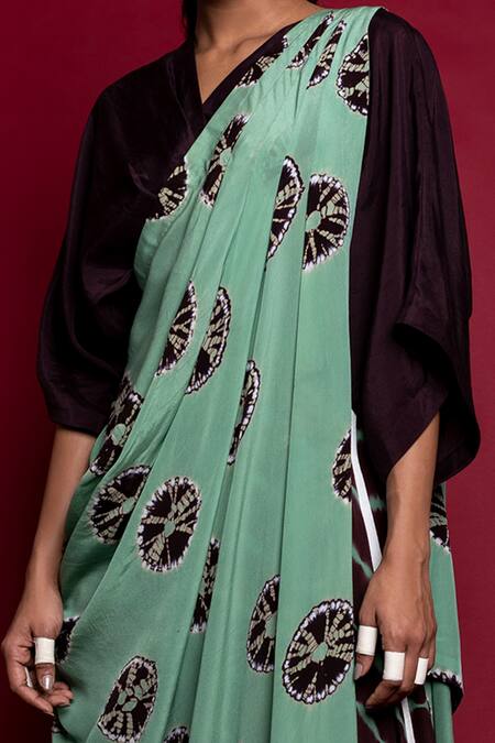 Shop_Nupur Kanoi_Green Silk And Crepe Shibori & Leheriya V Neck Printed Dhoti Saree With Kaftan Top_Online_at_Aza_Fashions