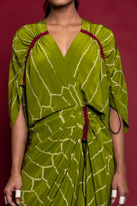 Buy_Nupur Kanoi_Green Crepe Print Bandhani V Neck Dress  _Online_at_Aza_Fashions