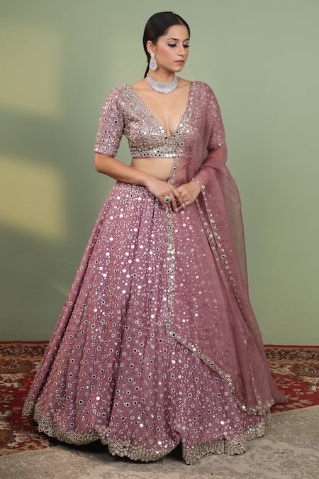 Neha Khullar_Pink Raw Silk, Organza V Neck Embroidered Bridal Lehenga Set _Online_at_Aza_Fashions