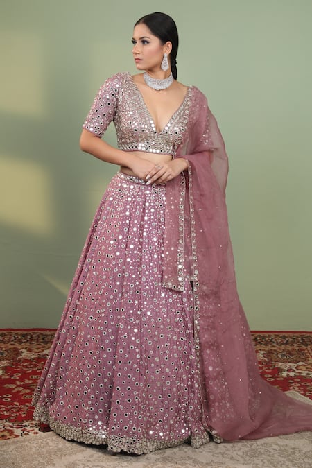 Buy_Neha Khullar_Pink Raw Silk, Organza V Neck Embroidered Bridal Lehenga Set _Online_at_Aza_Fashions
