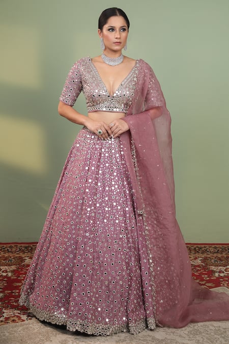 Shop_Neha Khullar_Pink Raw Silk, Organza V Neck Embroidered Bridal Lehenga Set _Online_at_Aza_Fashions