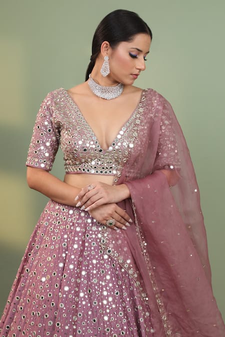 Neha Khullar_Pink Raw Silk, Organza V Neck Embroidered Bridal Lehenga Set _at_Aza_Fashions