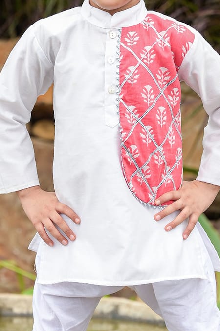 Fairies Forever_White Cotton, Chanderi Embroidery, Gota Patti Placement Overlay Kurta Pant Set_Online_at_Aza_Fashions