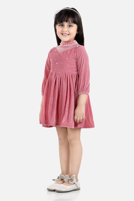 Fairies Forever_Pink Velvet Pearls Work Dress _Online_at_Aza_Fashions