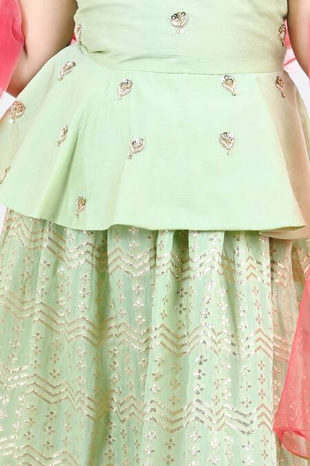 Fairies Forever_Green Chanderi Silk Sequins Peplum Kurta Lehenga Set _at_Aza_Fashions