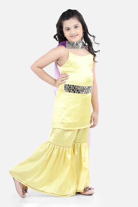 Fairies Forever_Yellow Satin Mirrors Gharara Set_Online_at_Aza_Fashions