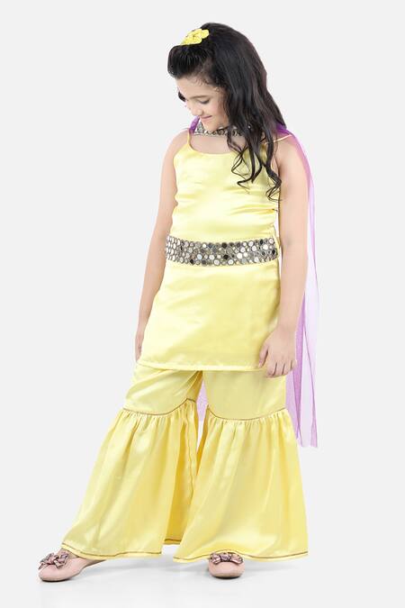 Buy_Fairies Forever_Yellow Satin Mirrors Gharara Set_Online_at_Aza_Fashions