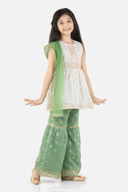 Fairies Forever_Green Cotton, Chanderi, Chiffon Embroidery, Gota Patti Gharara Set _Online_at_Aza_Fashions