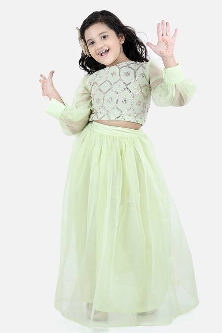 Buy_Fairies Forever_Green Organza Embroidered Gota Patti Choli Lehenga Set _Online_at_Aza_Fashions