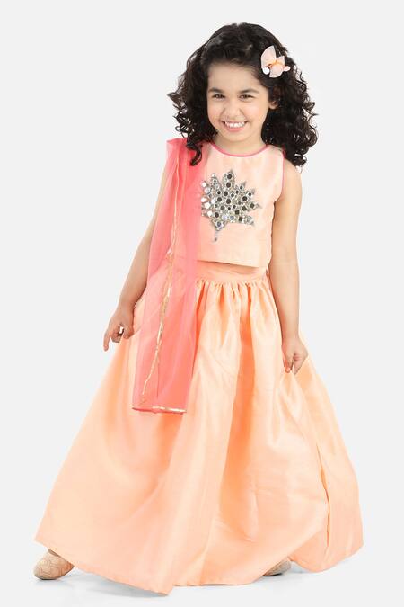 Fairies Forever_Peach Silk Sequins, Mirrors Work Choli Lehenga Set_Online_at_Aza_Fashions