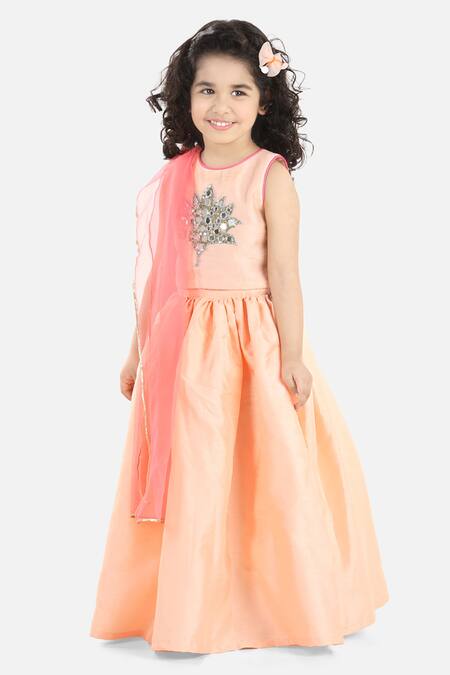 Buy_Fairies Forever_Peach Silk Sequins, Mirrors Work Choli Lehenga Set_Online_at_Aza_Fashions