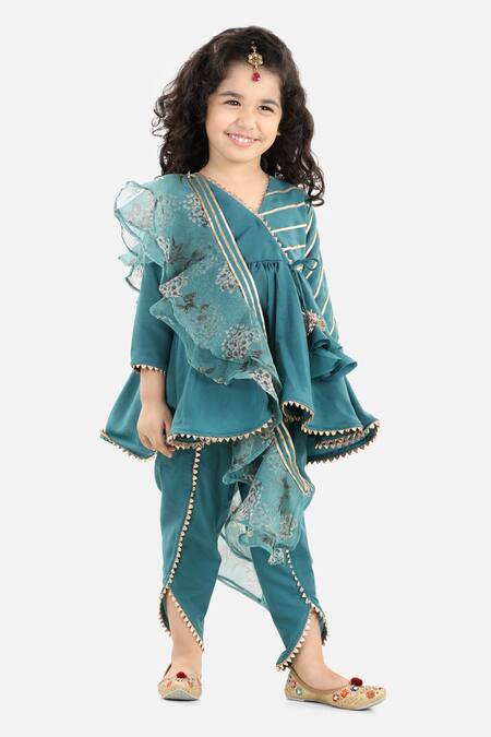 Fairies Forever_Blue Organza, Silk Gota Patti, Embroidery Angrakha Dhoti Pant Set _Online_at_Aza_Fashions