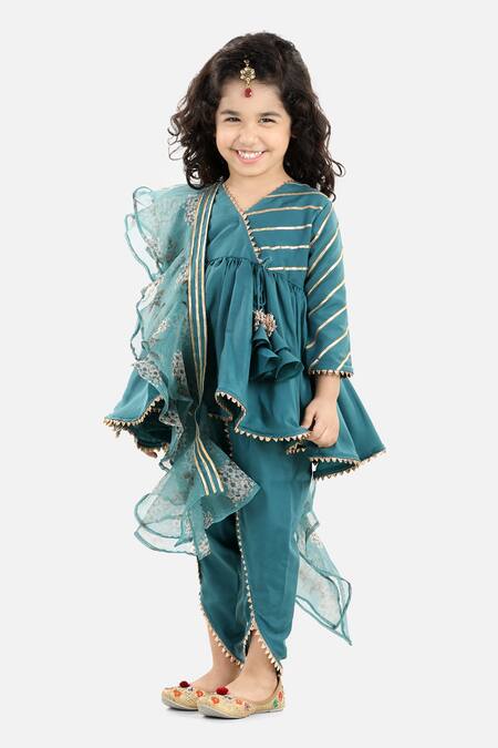 Buy_Fairies Forever_Blue Organza, Silk Gota Patti, Embroidery Angrakha Dhoti Pant Set _Online_at_Aza_Fashions