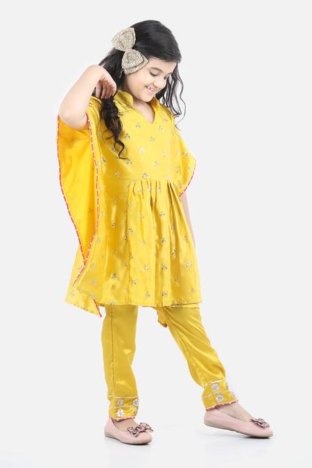 Fairies Forever_Yellow Satin, Silk Sequins, Embroidery Work Kaftan Kurta And Pant Set _Online_at_Aza_Fashions