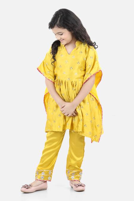 Buy_Fairies Forever_Yellow Satin, Silk Sequins, Embroidery Work Kaftan Kurta And Pant Set _Online_at_Aza_Fashions
