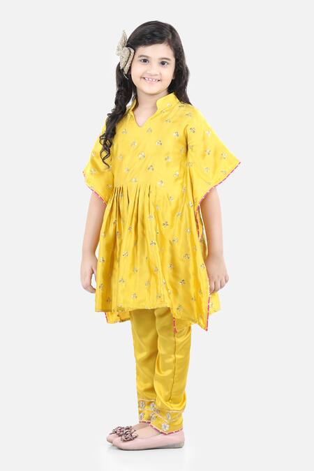 Shop_Fairies Forever_Yellow Satin, Silk Sequins, Embroidery Work Kaftan Kurta And Pant Set _Online_at_Aza_Fashions
