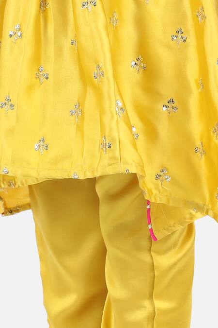 Fairies Forever_Yellow Satin, Silk Sequins, Embroidery Work Kaftan Kurta And Pant Set _at_Aza_Fashions