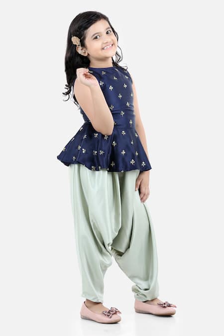 Fairies Forever_Blue Satin, Silk Sequins Peplum Kurta And Dhoti Pant Set _Online_at_Aza_Fashions