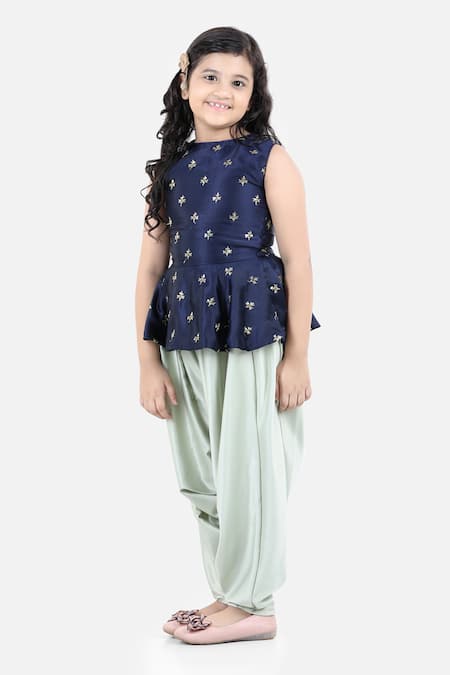 Buy_Fairies Forever_Blue Satin, Silk Sequins Peplum Kurta And Dhoti Pant Set _Online_at_Aza_Fashions