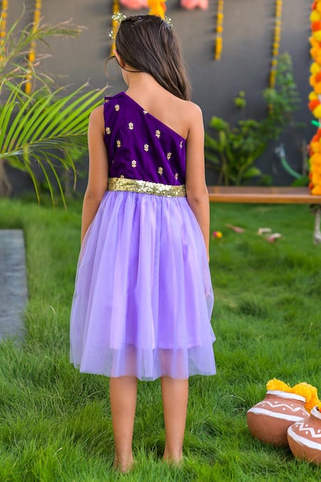 Shop Fairies Forever Purple Velvet, Net Sequins One Shoulder Dress at Aza Fashions Shop_Fairies Forever_Purple Velvet, Net Sequins One Shoulder Dress _at_Aza_Fashions