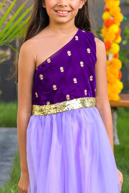Fairies Forever Purple Velvet, Net Sequins One Shoulder Dress Online at Aza Fashions Fairies Forever_Purple Velvet, Net Sequins One Shoulder Dress _Online_at_Aza_Fashions