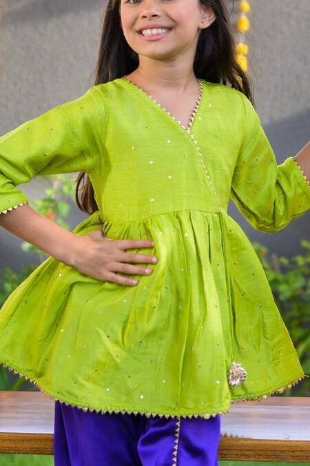 Fairies Forever Green Silk Gota Patti, Sequins Angrakha Style Kurta And Dhoti Pant Set Online at Aza Fashions Fairies Forever_Green Silk Gota Patti, Sequins Angrakha Style Kurta And Dhoti Pant Set _Online_at_Aza_Fashions