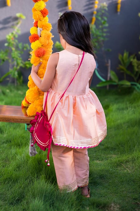 Shop Fairies Forever Peach Cotton Silk Gota Work Embroidered Kurta And Pant Set at Aza Fashions Shop_Fairies Forever_Peach Cotton Silk Gota Work Embroidered Kurta And Pant Set _at_Aza_Fashions