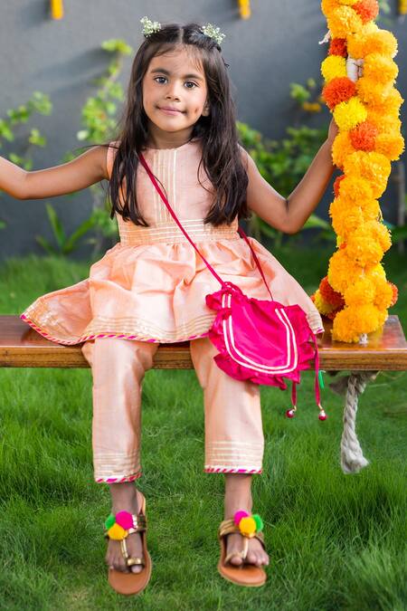 Fairies Forever Peach Cotton Silk Gota Work Embroidered Kurta And Pant Set Online at Aza Fashions Fairies Forever_Peach Cotton Silk Gota Work Embroidered Kurta And Pant Set _Online_at_Aza_Fashions