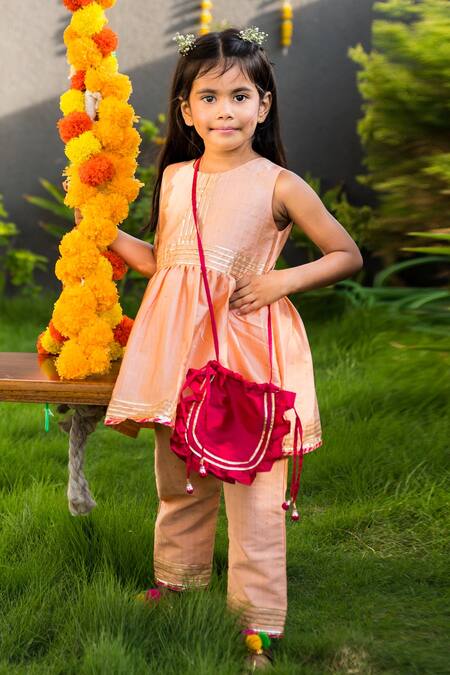 Buy Fairies Forever Peach Cotton Silk Gota Work Embroidered Kurta And Pant Set Online at Aza Fashions Buy_Fairies Forever_Peach Cotton Silk Gota Work Embroidered Kurta And Pant Set _Online_at_Aza_Fashions