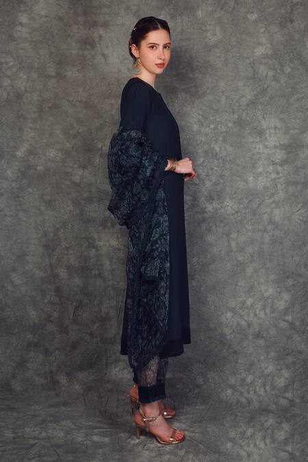 Neha Khullar_Blue Organza, Chanderi Silk Dori Work Round Notched Kurta Palazzo Set _Online_at_Aza_Fashions