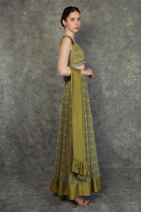 Neha Khullar_Green Georgette, Chinon Bead Work, Zari Work, Bandhani V Neck Print Lehenga Set _Online_at_Aza_Fashions