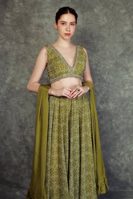 Buy_Neha Khullar_Green Georgette, Chinon Bead Work, Zari Work, Bandhani V Neck Print Lehenga Set _Online_at_Aza_Fashions