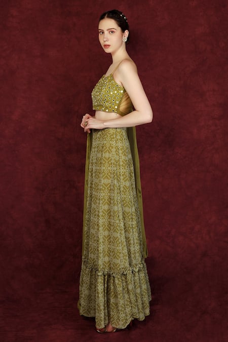 Buy_Neha Khullar_Green Georgette, Chinon Mirror Work, Sequin Work, Bandhani Print Lehenga Set _Online_at_Aza_Fashions