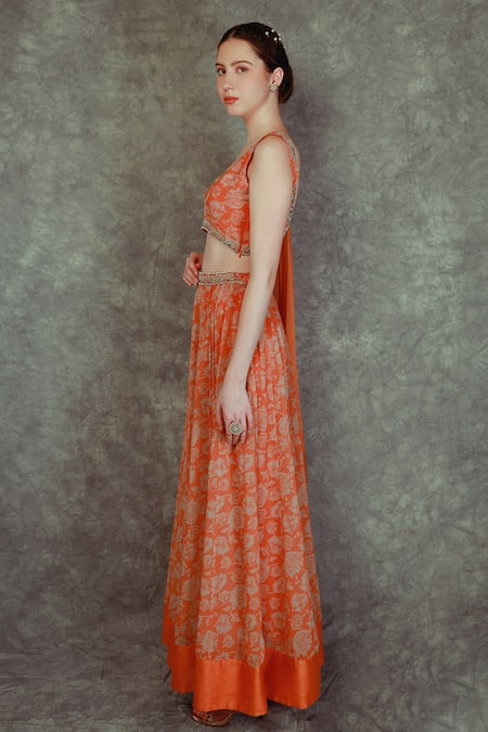Neha Khullar Orange Georgette, Chinon Bead , Floral, Zari V Neck Print Lehenga Set Online at Aza Fashions Neha Khullar_Orange Georgette, Chinon Bead , Floral, Zari V Neck Print Lehenga Set _Online_at_Aza_Fashions