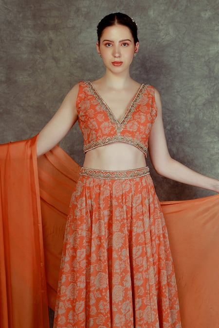 Buy Neha Khullar Orange Georgette, Chinon Bead , Floral, Zari V Neck Print Lehenga Set Online at Aza Fashions Buy_Neha Khullar_Orange Georgette, Chinon Bead , Floral, Zari V Neck Print Lehenga Set _Online_at_Aza_Fashions