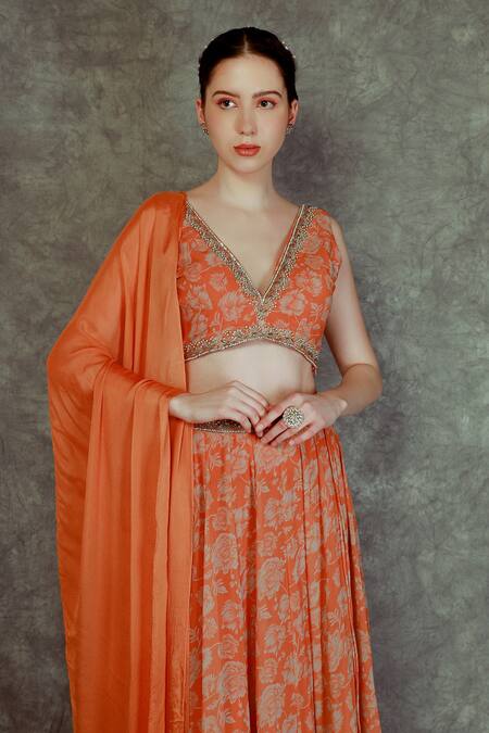 Shop Neha Khullar Orange Georgette, Chinon Bead , Floral, Zari V Neck Print Lehenga Set Online at Aza Fashions Shop_Neha Khullar_Orange Georgette, Chinon Bead , Floral, Zari V Neck Print Lehenga Set _Online_at_Aza_Fashions