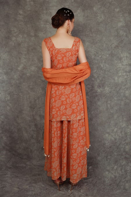 Shop Neha Khullar Orange Georgette, Chinon Floral, Shell Tassel Square Neck Print Sharara Set at Aza Fashions Shop_Neha Khullar_Orange Georgette, Chinon Floral, Shell Tassel Square Neck Print Sharara Set _at_Aza_Fashions
