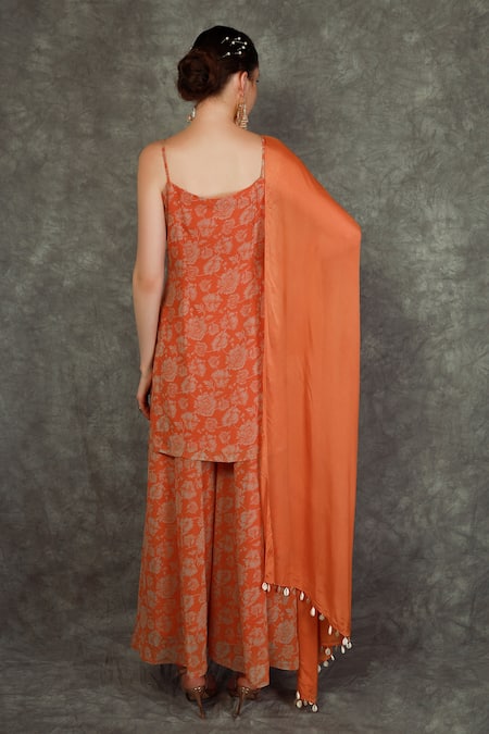 Shop Neha Khullar Orange Georgette, Chinon Floral, Shell Tassel Square Neck Print Sharara Set at Aza Fashions Shop_Neha Khullar_Orange Georgette, Chinon Floral, Shell Tassel Square Neck Print Sharara Set _at_Aza_Fashions