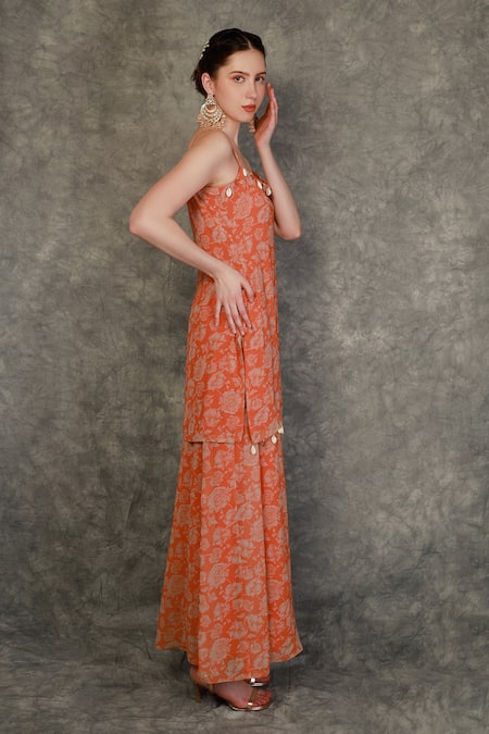 Neha Khullar Orange Georgette, Chinon Floral, Shell Tassel Square Neck Print Sharara Set Online at Aza Fashions Neha Khullar_Orange Georgette, Chinon Floral, Shell Tassel Square Neck Print Sharara Set _Online_at_Aza_Fashions