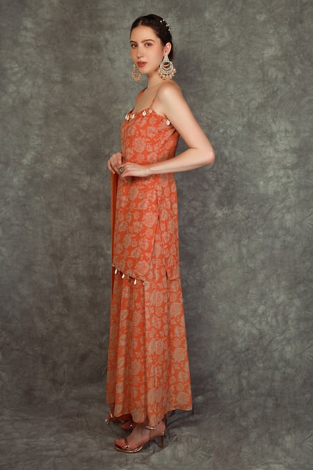 Shop Neha Khullar Orange Georgette, Chinon Floral, Shell Tassel Square Neck Print Sharara Set Online at Aza Fashions Shop_Neha Khullar_Orange Georgette, Chinon Floral, Shell Tassel Square Neck Print Sharara Set _Online_at_Aza_Fashions