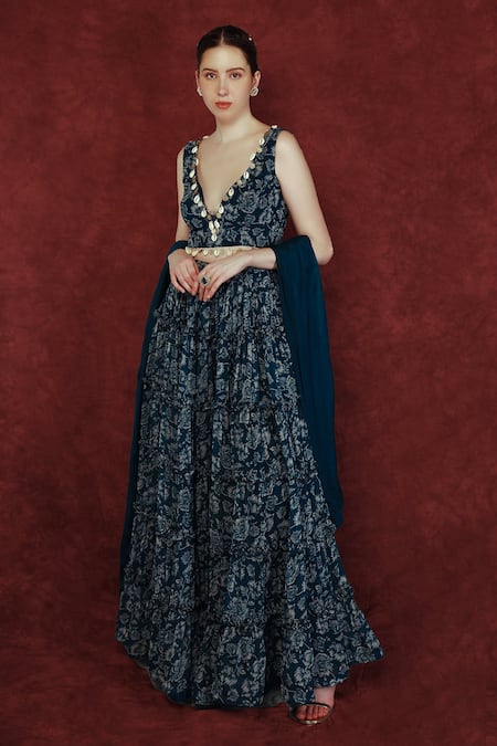 Neha Khullar Blue Georgette, Chinon Floral, Shell Tassel V Neck Print Lehenga Set 