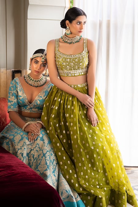 Mint Green and Pink Banarasi Silk Bridal Lehenga Choli Online India UK –  Sunasa