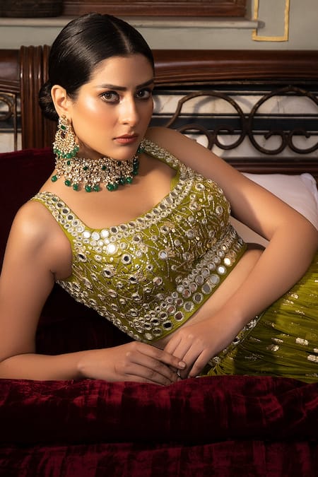Neha Khullar_Green Banarasi Organza Sequin And Mirror, Zari Scoop Neck Lehenga Set _at_Aza_Fashions