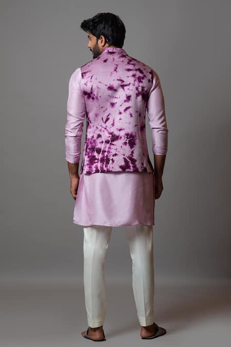 Shop_PAARSH_Pink Cotton, Organza, Linen Satin Thread Cast A Shadow Tie Dye Bundi Kurta Set _at_Aza_Fashions